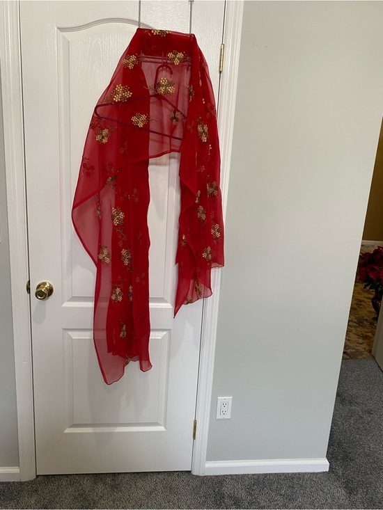 Accessories - Red Floral Embroidered Sheer Scarf Wrap or dupata